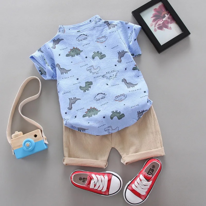 Conjunto Infantil Menino Camisa Dinossauro + Shorts Verão Algodão