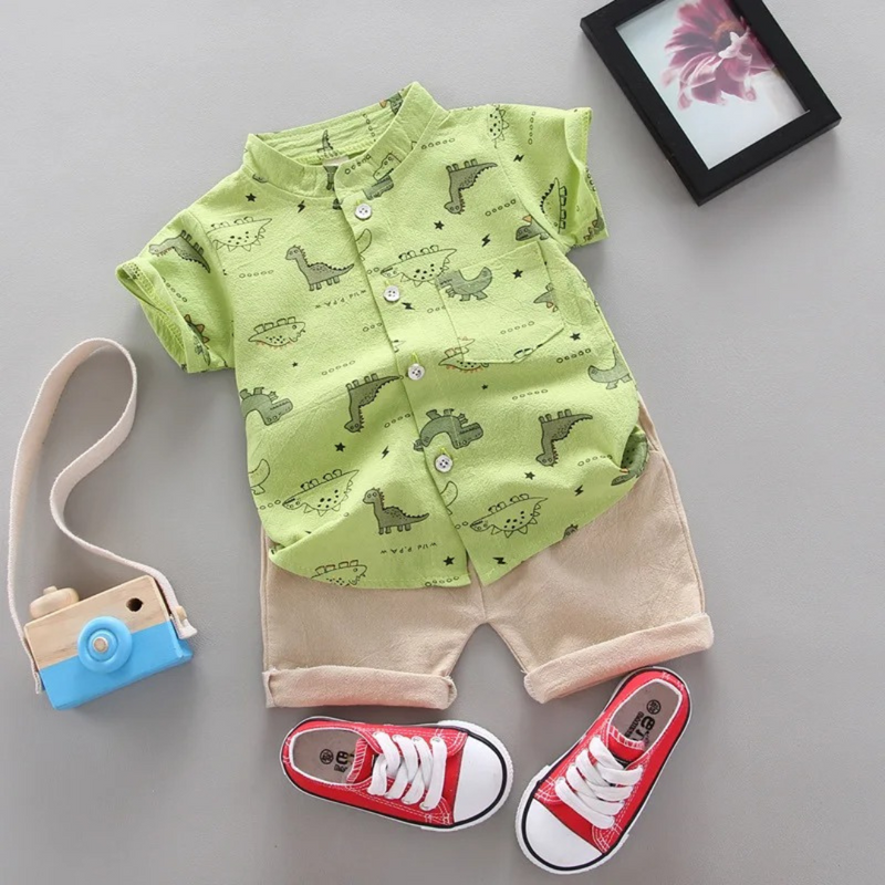 Conjunto Infantil Menino Camisa Dinossauro + Shorts Verão Algodão